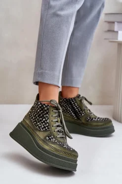 Online Maciejka Skórzane Botki Na Platformie I Koturnie 06759-09 Zielone