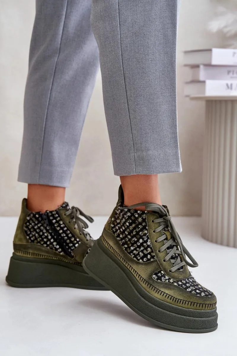 Online Maciejka Skórzane Botki Na Platformie I Koturnie 06759-09 Zielone