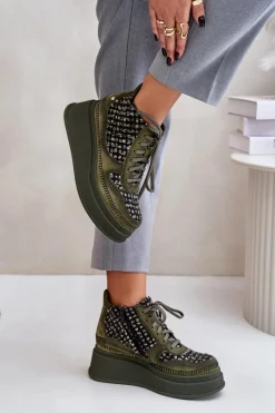 Online Maciejka Skórzane Botki Na Platformie I Koturnie 06759-09 Zielone