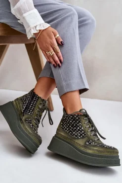 Online Maciejka Skórzane Botki Na Platformie I Koturnie 06759-09 Zielone