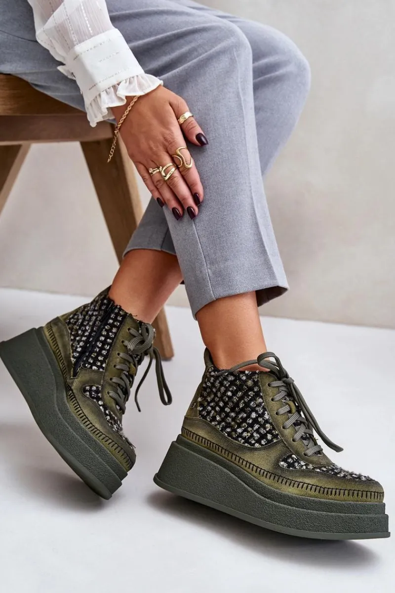 Online Maciejka Skórzane Botki Na Platformie I Koturnie 06759-09 Zielone