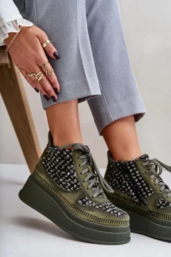 Online Maciejka Skórzane Botki Na Platformie I Koturnie 06759-09 Zielone