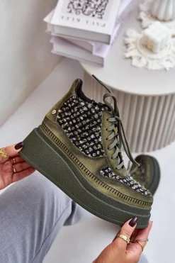 Online Maciejka Skórzane Botki Na Platformie I Koturnie 06759-09 Zielone