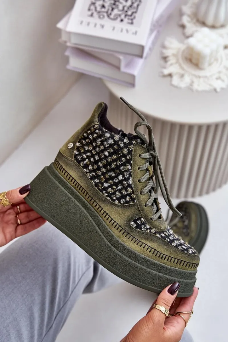 Online Maciejka Skórzane Botki Na Platformie I Koturnie 06759-09 Zielone