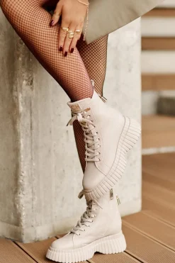 Outlet CheBello Skórzane Botki Na Platformie Na Zamek Z Ozdobną Kłódką 4517 Beżowe