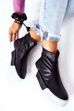 Online Skórzane Botki Na Platformie Czarne 05216-01 Damskie Botki Maciejka|Czarne Botki