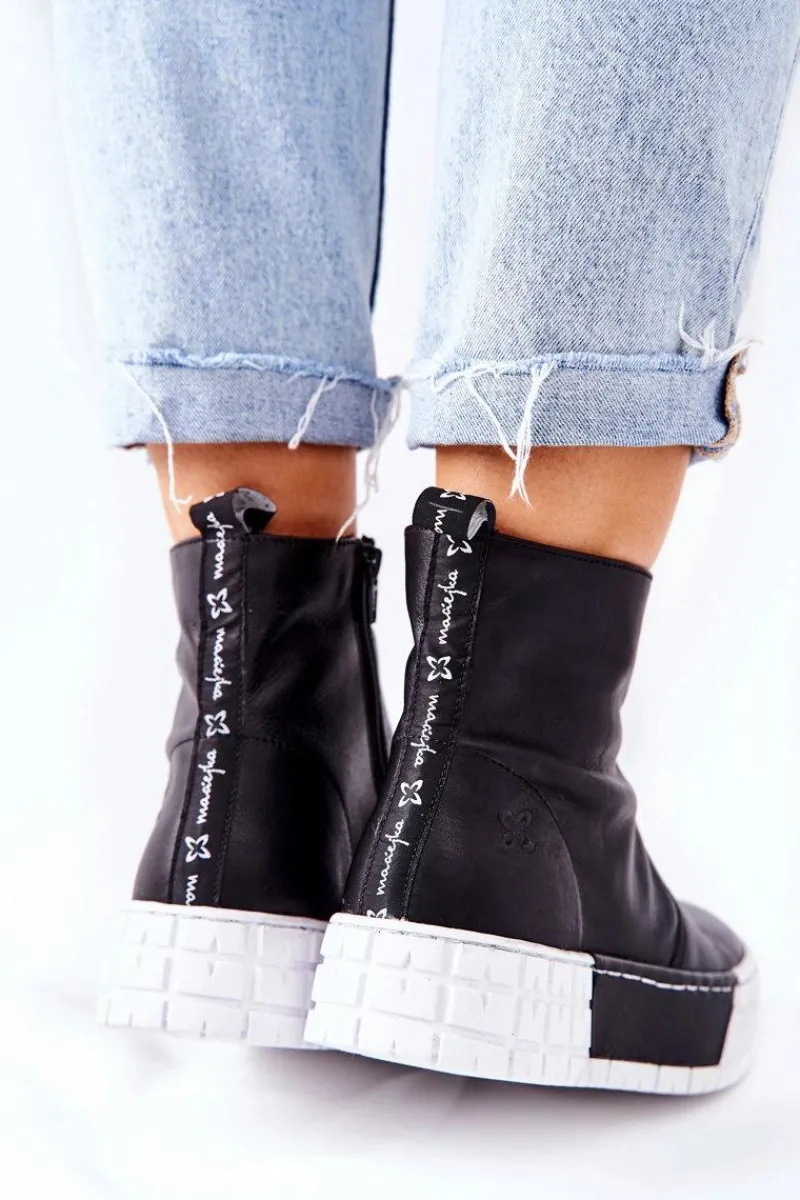 Online Skórzane Botki Na Platformie Czarne 05216-01 Damskie Botki Maciejka|Czarne Botki