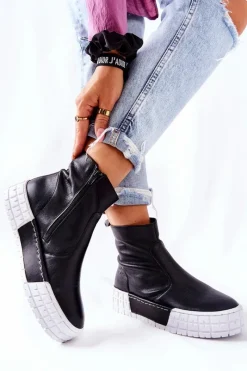 Online Skórzane Botki Na Platformie Czarne 05216-01 Damskie Botki Maciejka|Czarne Botki