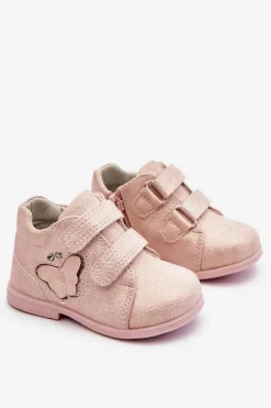 Discount Skórzane Botki Na Rzepy Z Motylkiem Różowe Avi Dzieci Dziewczęce