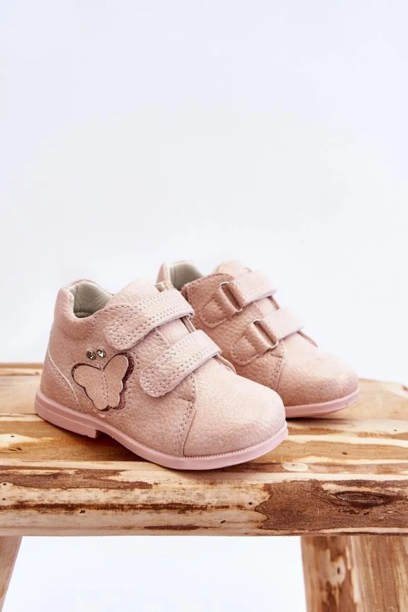 Discount Skórzane Botki Na Rzepy Z Motylkiem Różowe Avi Dzieci Dziewczęce