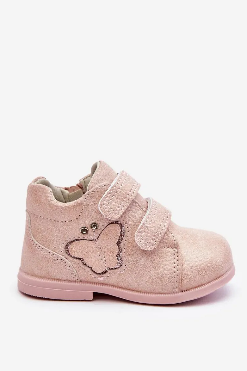 Discount Skórzane Botki Na Rzepy Z Motylkiem Różowe Avi Dzieci Dziewczęce