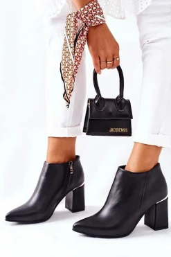 Outlet Boto Skórzane Botki Na Słupku Czarne Raglan