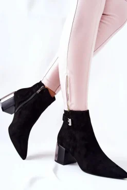 Sale Skórzane Botki Na Słupku Czarne 2354 Damskie Botki Na Słupku|Czarne Botki