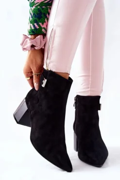 Sale Skórzane Botki Na Słupku Czarne 2354 Damskie Botki Na Słupku|Czarne Botki