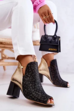 Clearance Skórzane Botki Na Słupku 05507-01 Czarno-Złote Damskie Botki Wiosenne|Botki Maciejka