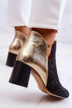 Clearance Skórzane Botki Na Słupku 05507-01 Czarno-Złote Damskie Botki Wiosenne|Botki Maciejka