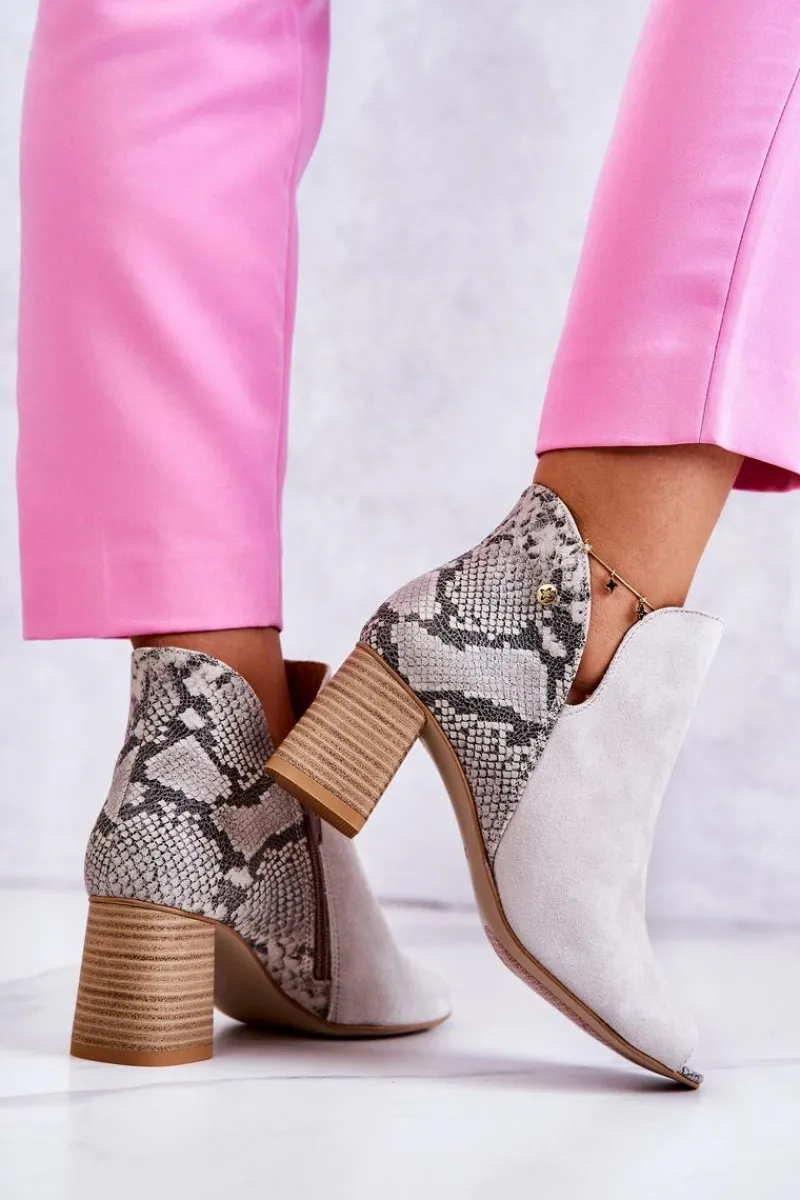 Hot Skórzane Botki Na Słupku 05507-37 Jasnobeżowe Damskie Botki Wiosenne|Botki Maciejka