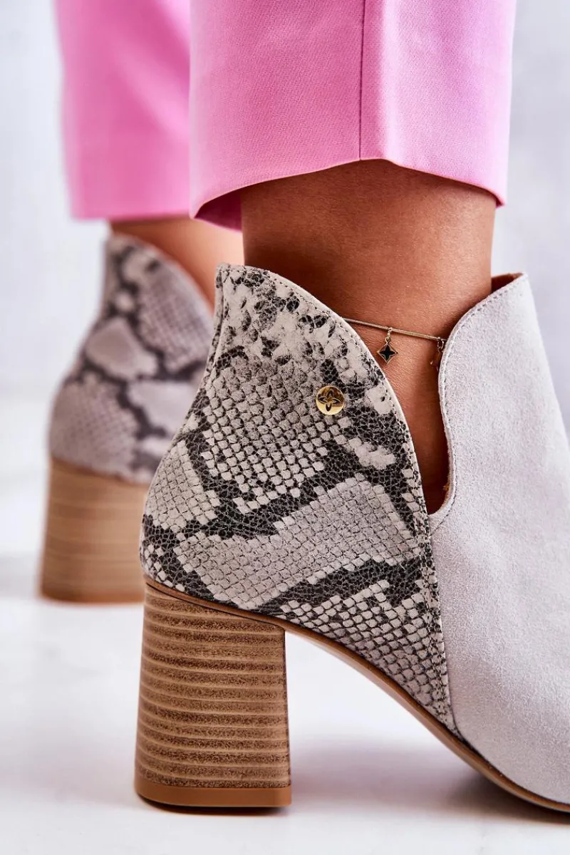 Hot Skórzane Botki Na Słupku 05507-37 Jasnobeżowe Damskie Botki Wiosenne|Botki Maciejka