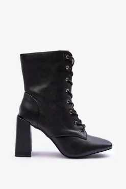 Sale Boto Skórzane Botki Na Słupku Sznurowane Czarne Divani