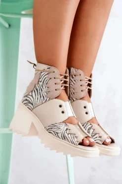 Hot Maciejka Skórzane Botki Na Suwak 05321-04 Beżowe Beżowy