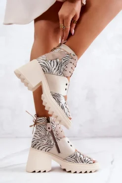 Hot Maciejka Skórzane Botki Na Suwak 05321-04 Beżowe Beżowy