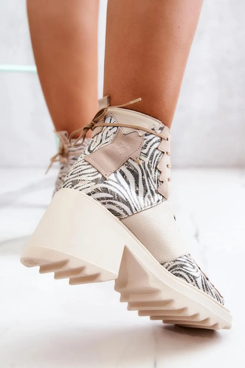 Hot Maciejka Skórzane Botki Na Suwak 05321-04 Beżowe Beżowy