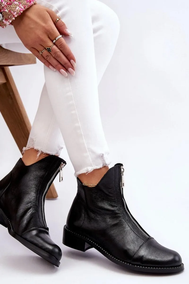 Zazoo Skórzane Botki Na Suwak Nicole 2785/037 Czarne Czarny