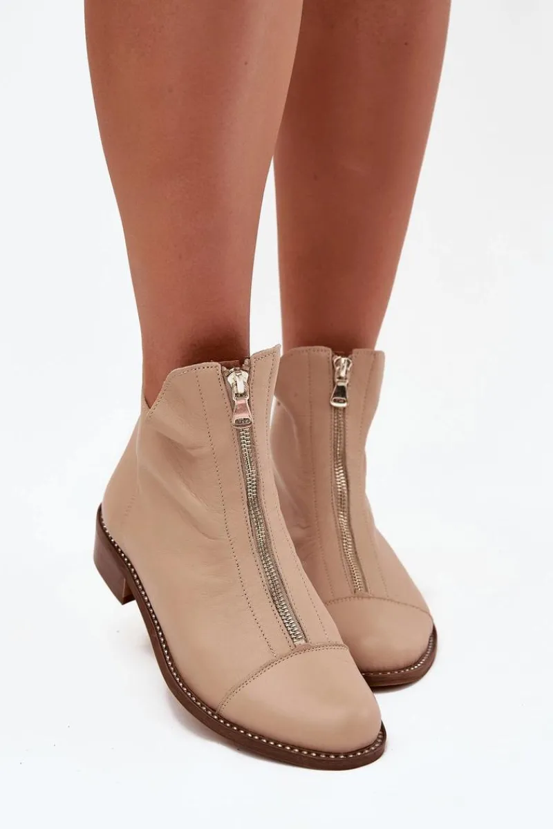 Hot Zazoo Skórzane Botki Na Suwak 2785/079 Beżowe Beżowy