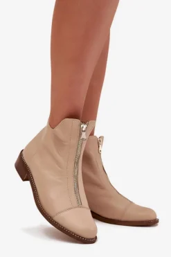 Hot Zazoo Skórzane Botki Na Suwak 2785/079 Beżowe Beżowy