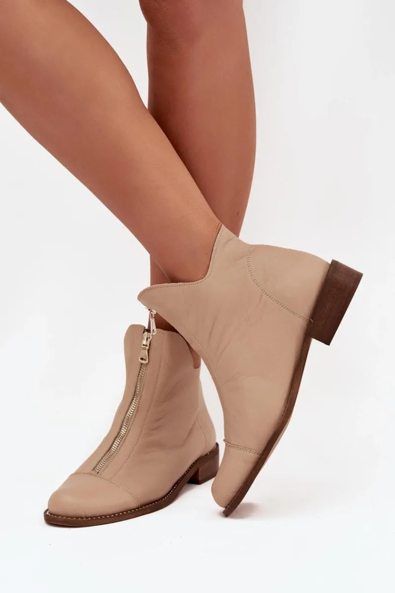 Hot Zazoo Skórzane Botki Na Suwak 2785/079 Beżowe Beżowy