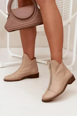 Hot Zazoo Skórzane Botki Na Suwak 2785/079 Beżowe Beżowy