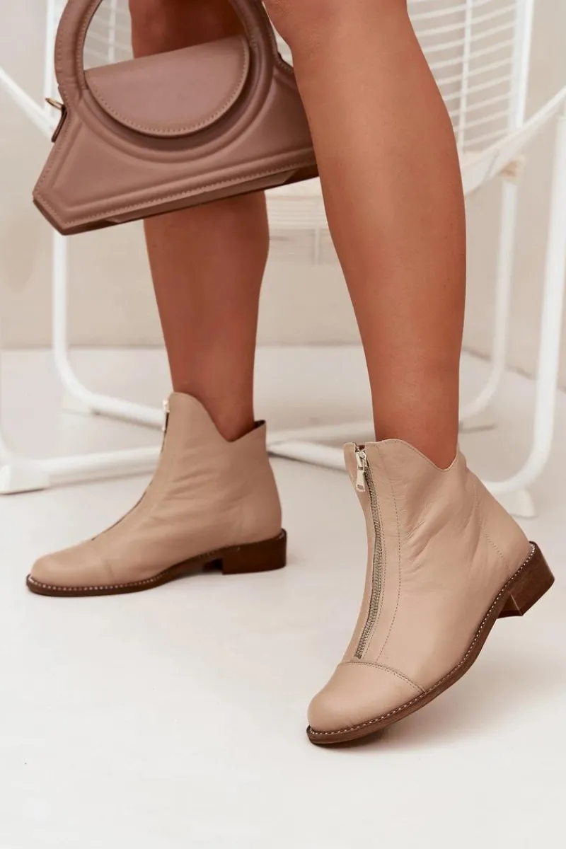 Hot Zazoo Skórzane Botki Na Suwak 2785/079 Beżowe Beżowy