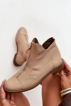 Hot Zazoo Skórzane Botki Na Suwak 2785/079 Beżowe Beżowy