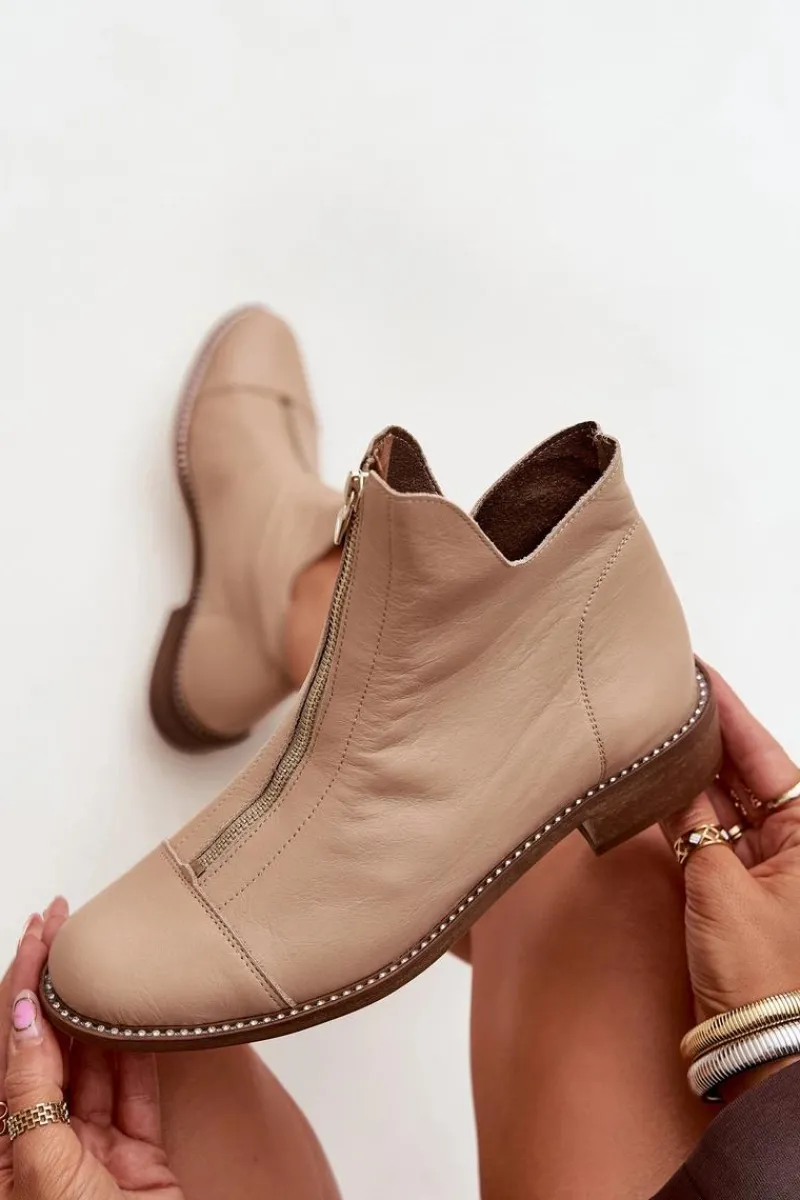 Hot Zazoo Skórzane Botki Na Suwak 2785/079 Beżowe Beżowy