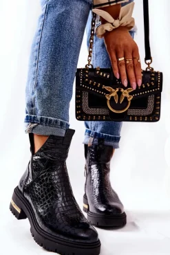 Czarne Botki|Botki Zimowe Damskie>Boto Skórzane Botki Ocieplane Krokodyl Czarne Tanya