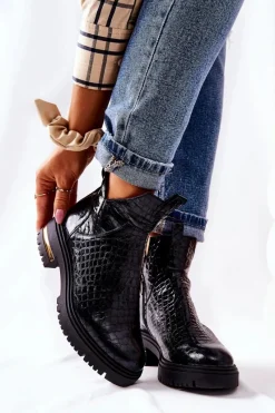 Czarne Botki|Botki Zimowe Damskie>Boto Skórzane Botki Ocieplane Krokodyl Czarne Tanya