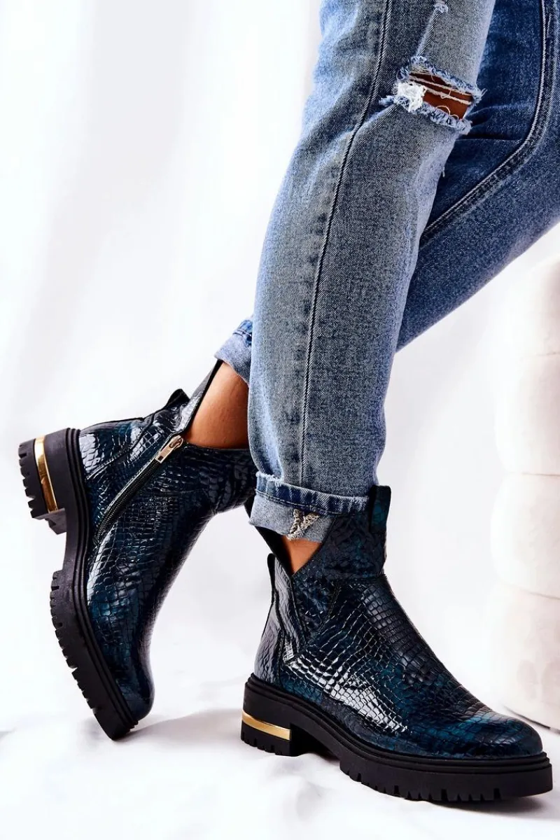 Outlet Boto Skórzane Botki Ocieplane Krokodyl Zielone Tanya