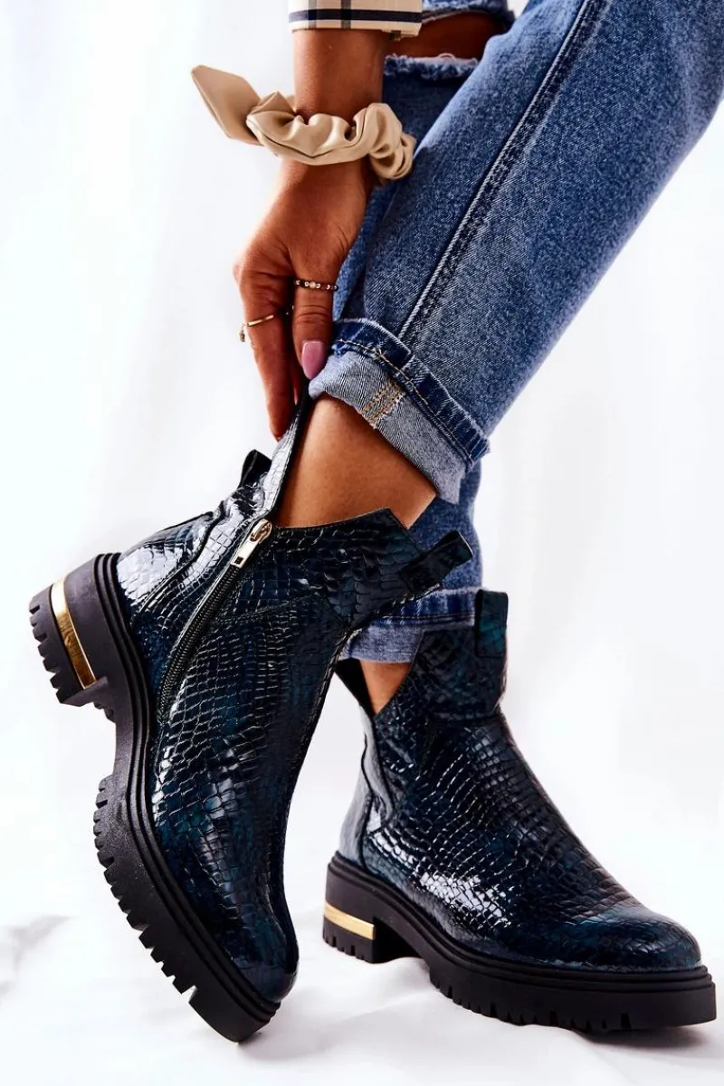 Outlet Boto Skórzane Botki Ocieplane Krokodyl Zielone Tanya