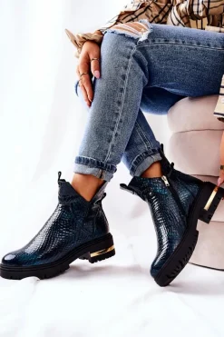 Outlet Boto Skórzane Botki Ocieplane Krokodyl Zielone Tanya