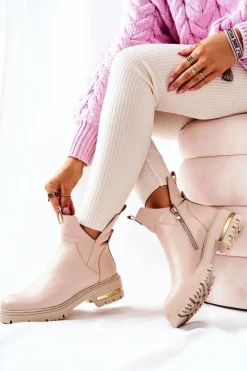 Discount Boto Skórzane Botki Ocieplane Z Wycięciem Beżowe Tanya