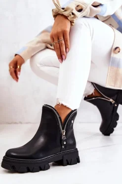 Hot Skórzane Botki Ozdobne Suwaki Czarne Deborah Damskie Czarne Botki|Brązowe I Beżowe Botki