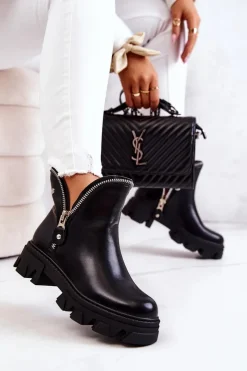 Hot Skórzane Botki Ozdobne Suwaki Czarne Deborah Damskie Czarne Botki|Brązowe I Beżowe Botki