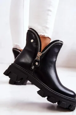 Hot Skórzane Botki Ozdobne Suwaki Czarne Deborah Damskie Czarne Botki|Brązowe I Beżowe Botki