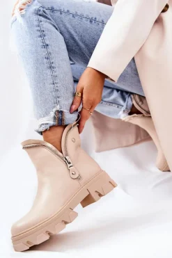 Clearance Boto Skórzane Botki Ozdobne Suwaki Beżowe Deborah