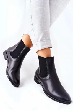 Skórzane Botki Sergio Leone BT523 Czarne Damskie Czarne Botki|Botki Zimowe Damskie