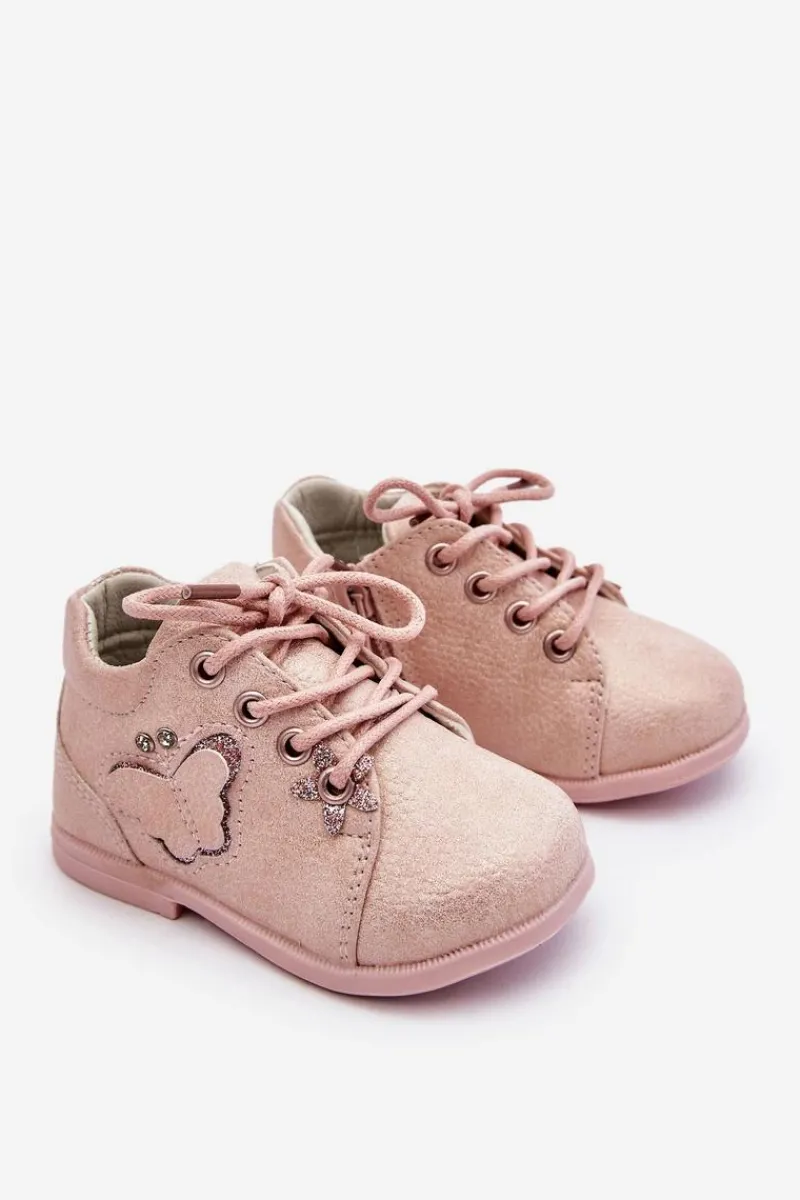 Outlet Boto Skórzane Botki Sznurowane Z Motylkiem Różowe Avi