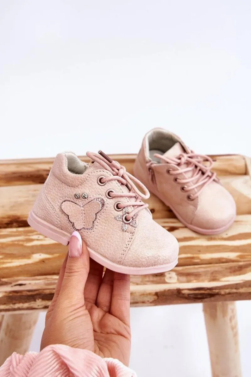 Outlet Boto Skórzane Botki Sznurowane Z Motylkiem Różowe Avi