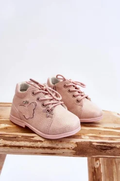 Outlet Boto Skórzane Botki Sznurowane Z Motylkiem Różowe Avi