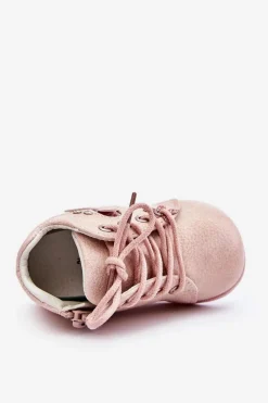 Outlet Boto Skórzane Botki Sznurowane Z Motylkiem Różowe Avi
