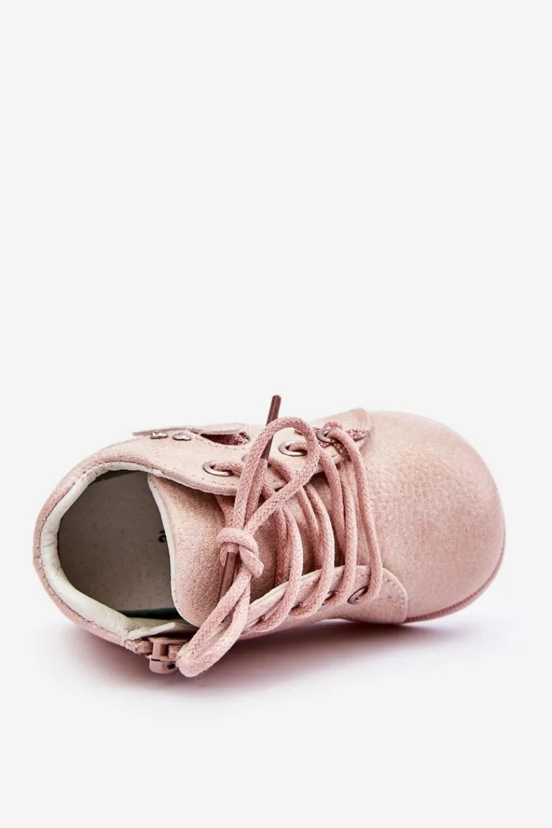 Outlet Boto Skórzane Botki Sznurowane Z Motylkiem Różowe Avi